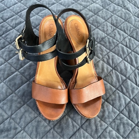 Chloe Shoes Women 10 40 Wedges Heels Sandals two tone platform Tan leather - Picture 5 of 16